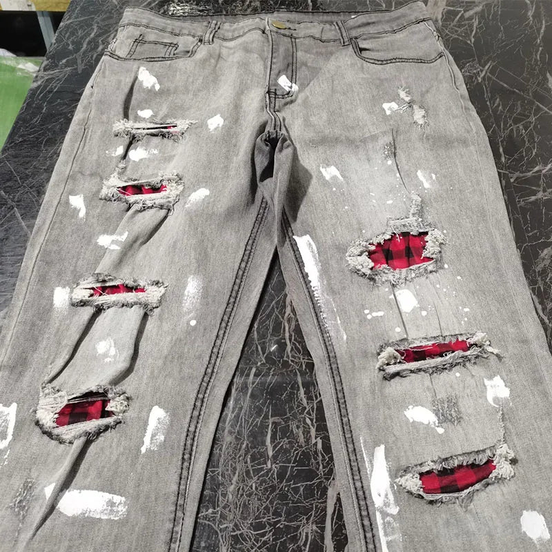 Ripped Jeans Men Stretch Skinny Grey Blue Black Hip Hop Denim Trousers Streetwear