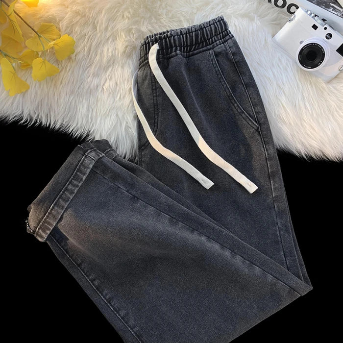 Men's Baggy Straight Drawstring Elastic Waist Personality Fashion Vintage Denim