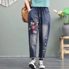 Embroidery Ankle-Length Baggy Jeans Elastic Capris Lace Up Harem Denim Pants