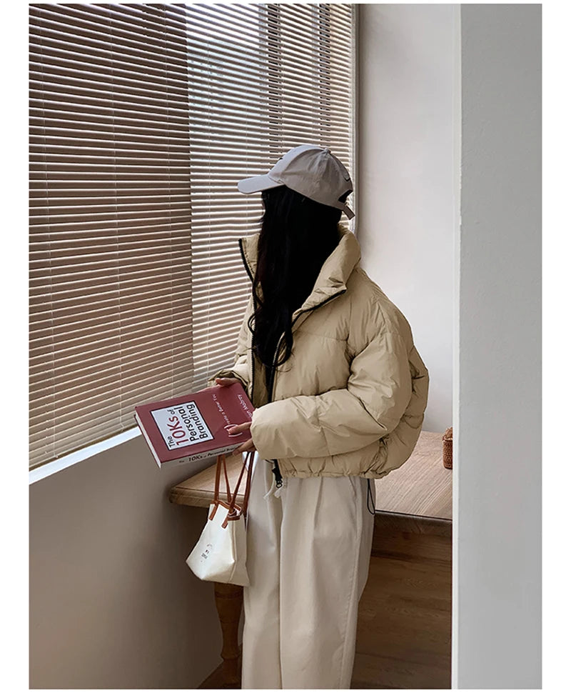 Korean Fashion Women Puffy Coats Simple Solid Loose Short Parkas Winter Thick