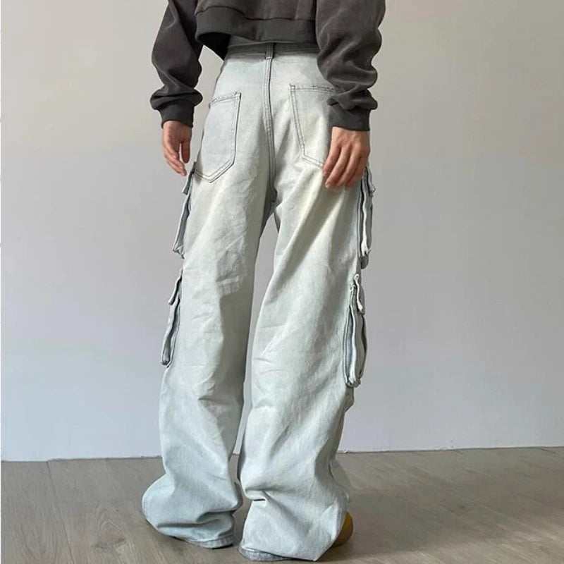 Ladies Cargo Jeans American Street Style Baggy Cargo Pants Women Blue