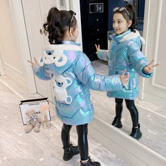 Girls Long Down Jacket Cute Bear Coats For Girls Parkas Fashion Bright Hooded Children