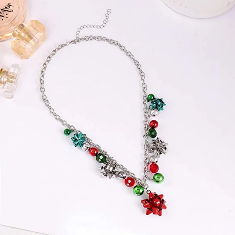 Christmas Necklace X-Mas Jingle Bell Necklaces Present Bow Pendant Necklace Earrings
