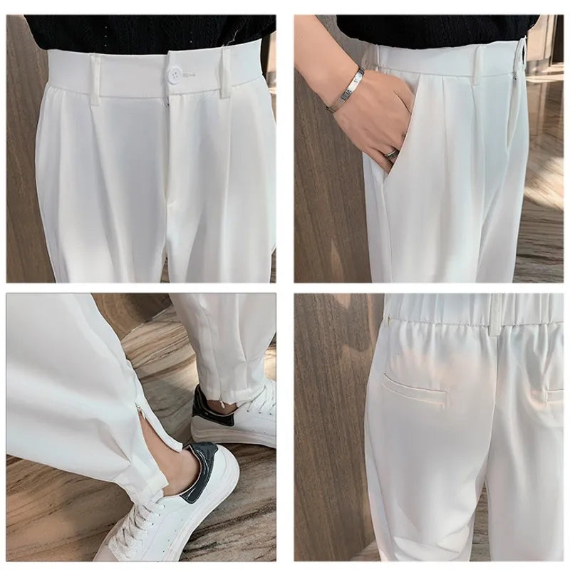 Spring Summer Pants Men Tapered Bottom Slit Trousers Korean Style White Khaki