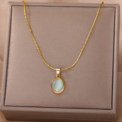 Fashion Stone Opal Oval Necklace For Women Stainless Steel Gold Color Oval Stone