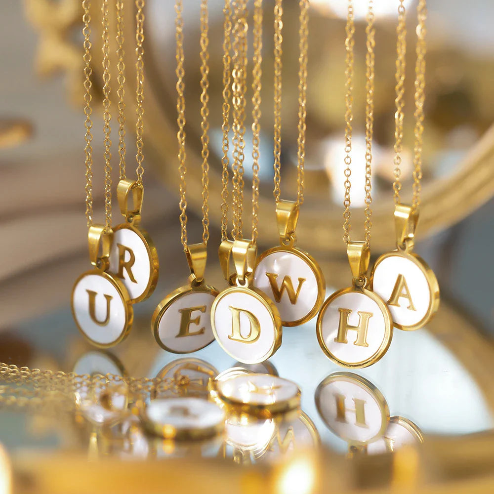 MHS.SUN Round Gold Color Initial Letter Necklace Shell Circle Pendant Necklaces For Women Men Stainless Steel Chain Jewelry Gift