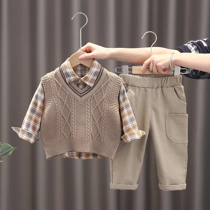 Baby Boys Clothes Suit Children Casual Plaid Shirt Vest Pants 3Pcs/Sets Toddler Cotton Costume Kids Tracksuits