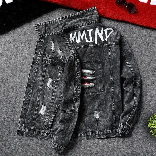 Jeans Coat for Men Hip Hop with Print Ripped Button Black Hole Denim Jackets