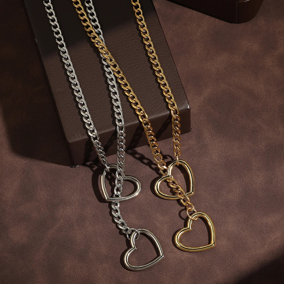 ZAKOL Adjustable Stainless Steel Cuban Link Necklace Hollow Heart Y-Shaped Necklace Punk Rock Style Party Accessories