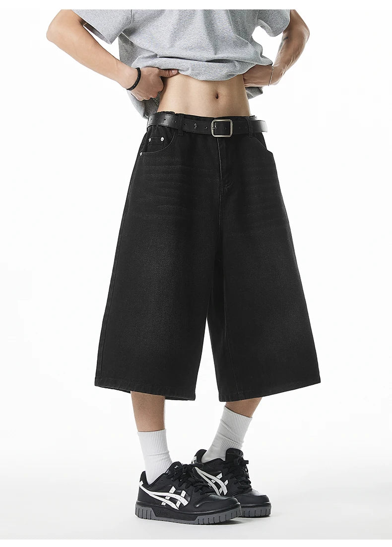 2025 Summer Men's Wide Leg Jeans Shorts Vintage Distressed Wash Y2K Straight Elastic Waist Loose Casual Relaxed Fit