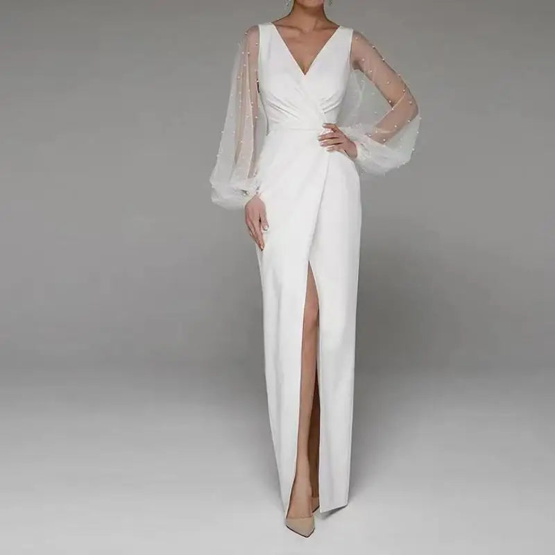 White Bridesmaid Dresses: Wedding Dresses With Illusion Long Sleeve Classic V-neck