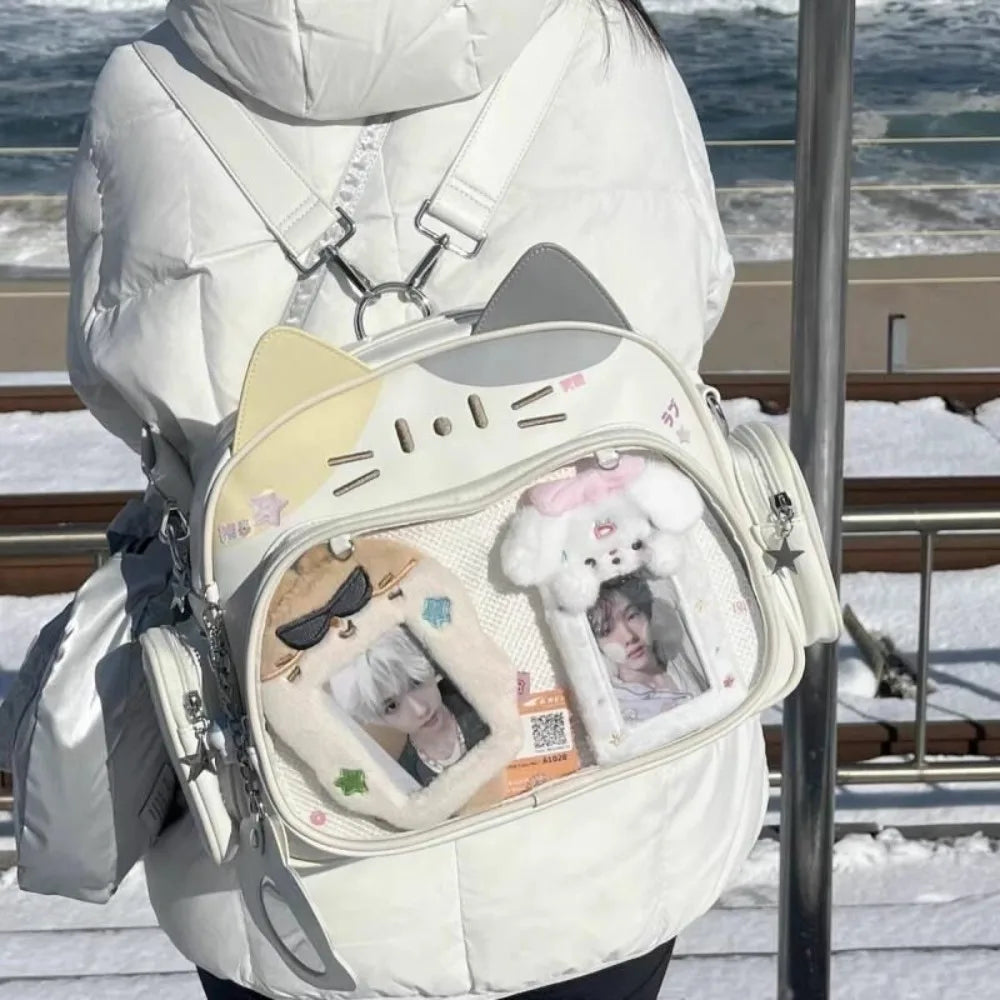 Y2K Korean Kawaii Cat Lolita Bag Cute PU Shoulder Bag Girls Transparent Pocket Harajuku Crossbody Bag Women's Fashion Backpacks