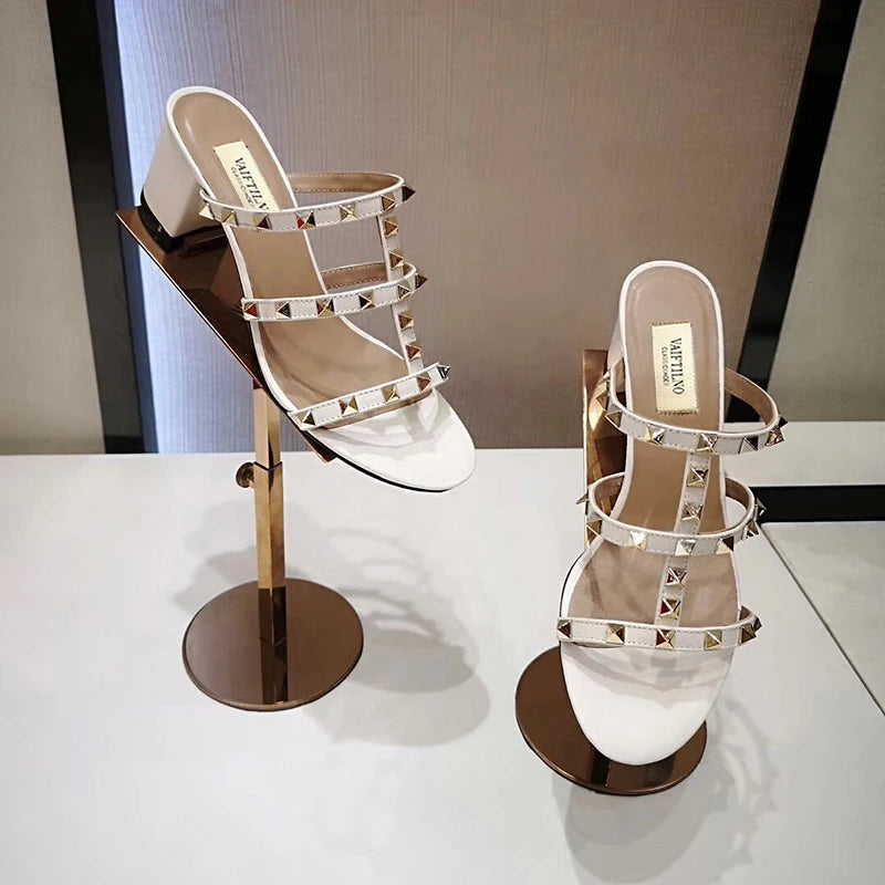 shoes woman 2024 trend For Women's Sandals Summer Luxury Slippers Chunky Heel Leather Rivets High heels elegant Designer Ladies