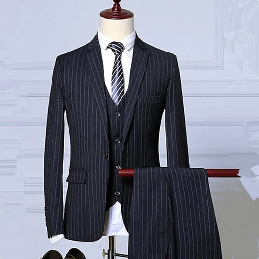 Men Business Dinner Blazers Coat Stripe Slim Fit Wedding Male Groom Tuxedos Suit