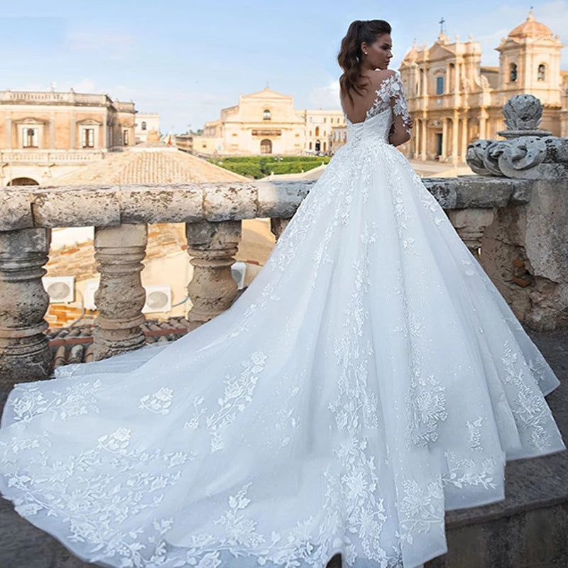 Elegant Wedding Dresses 2023 Illusion Long Sleeve White Ivory Applique Lace