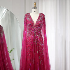 Evening wear Dresses: Evening Dresses with Cape Fuchsia Crystal Gold Elegant