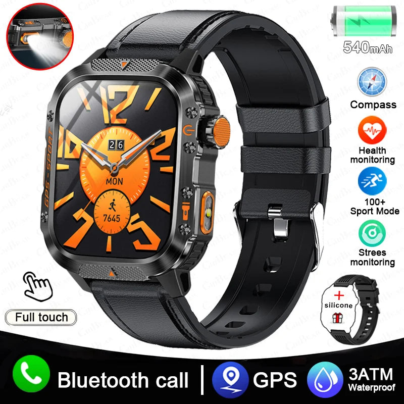 2025 New Military Outdoor Smart Watch Men's GPS Flashlight Bluetooth Call 2.01" AMOLED Screen 3ATM Waterproof Sports Smartwatch