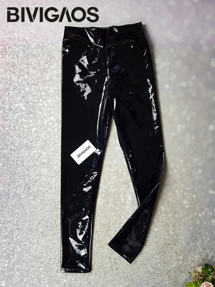 Women Mirror Leather Leggings Reflective Shiny Stretch Tighten PU Leather Pants