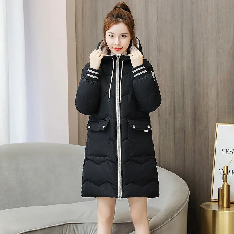 Women Winter Coat Mid-length Cotton Padded Parkas Hooded Warm Thicken