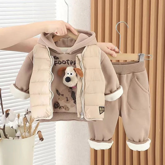 Boys and Girls Thickened Suit Winter Children's Velvet Vest Hoodies Pants Three-piece Set Hooded Clothes Winter Fashion