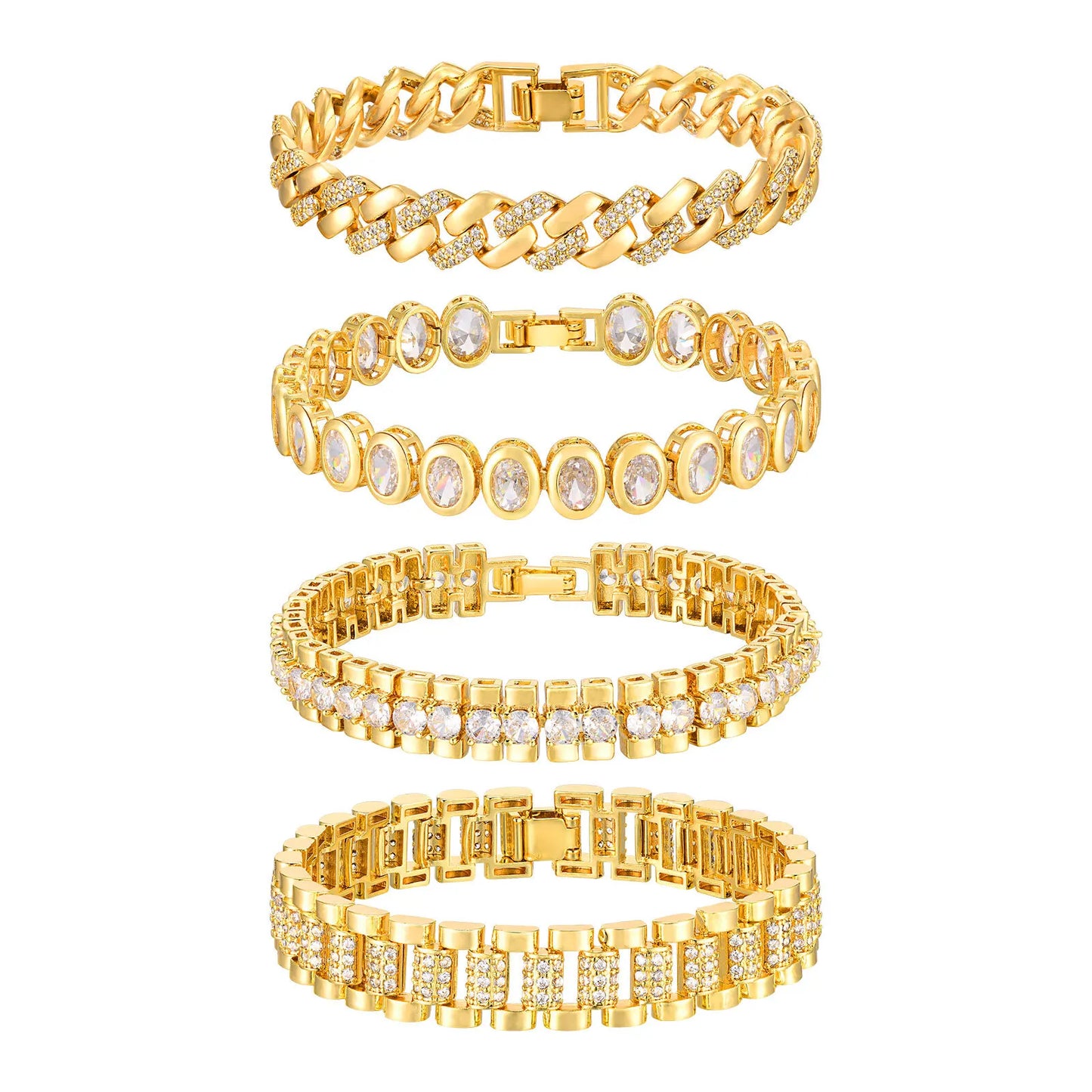 Paperclip Chain Bracelet 14K Gold Plated Cubic Zirconia Watch Strap Chunky Link Adjustable Stackable Jewelry For Women Girl Gift