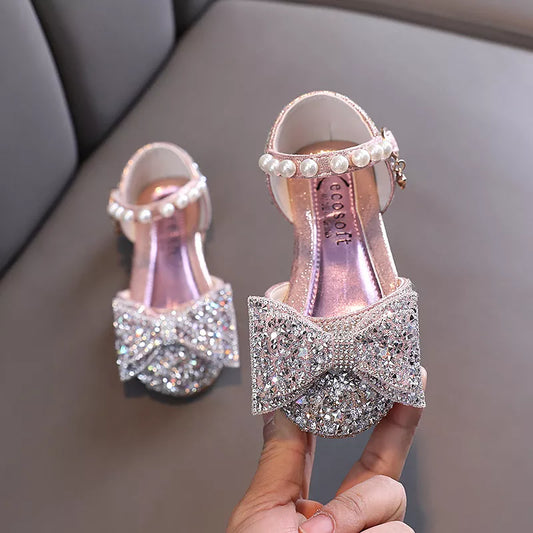 Girls Sequined Bowknot Sandals Summer Fashion Children's Pearl Party Sandals Baby Kids Soft Non-Slip Princess Shoes