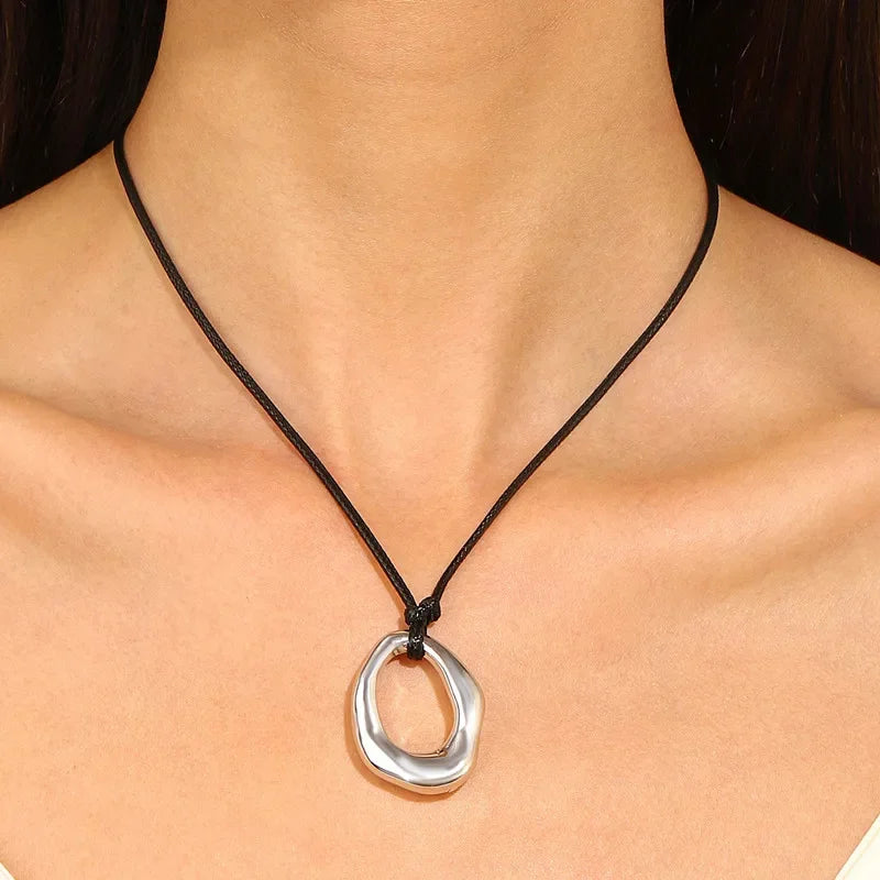 Vintage Irregular Punk Metal Bean Pendant Necklace for Women Adjustable Black Leather Rope Long Clavicle Chain Charm Jewerly
