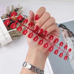 24Pcs Short Square Round Head Shiny Wearable Fake Nails Strip Simple Solid Color