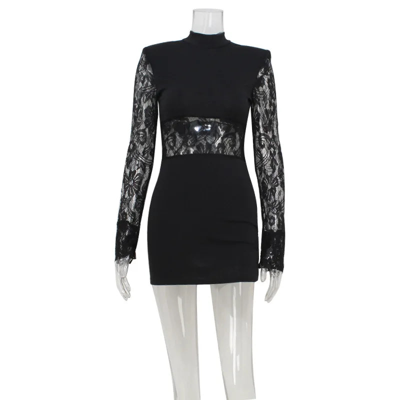 CNYISHE Patchwork Lace Hip Wrap Sheath High Collar Women Dresses Long Sleeve Sexy Club Fashion Bodycon Sheer Female Vestidos