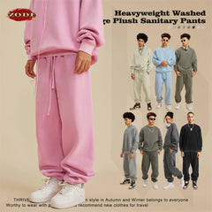 Autumn Winter Men's Washed Sweatpants Retro Unisex Loose 355gsm