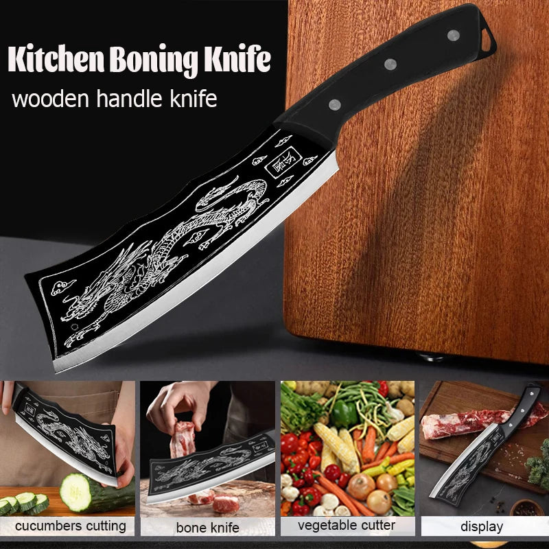 Dragon Pattern Forged Bone Chopping Knife Stainless Steel Meat Cleaver Sharp Knife