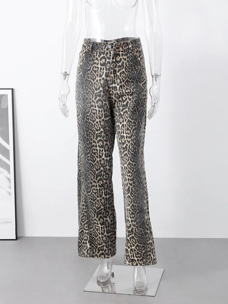 Leopard Print Jeans Trousers Women Y2K Spring Fashion High Waist Female Pants