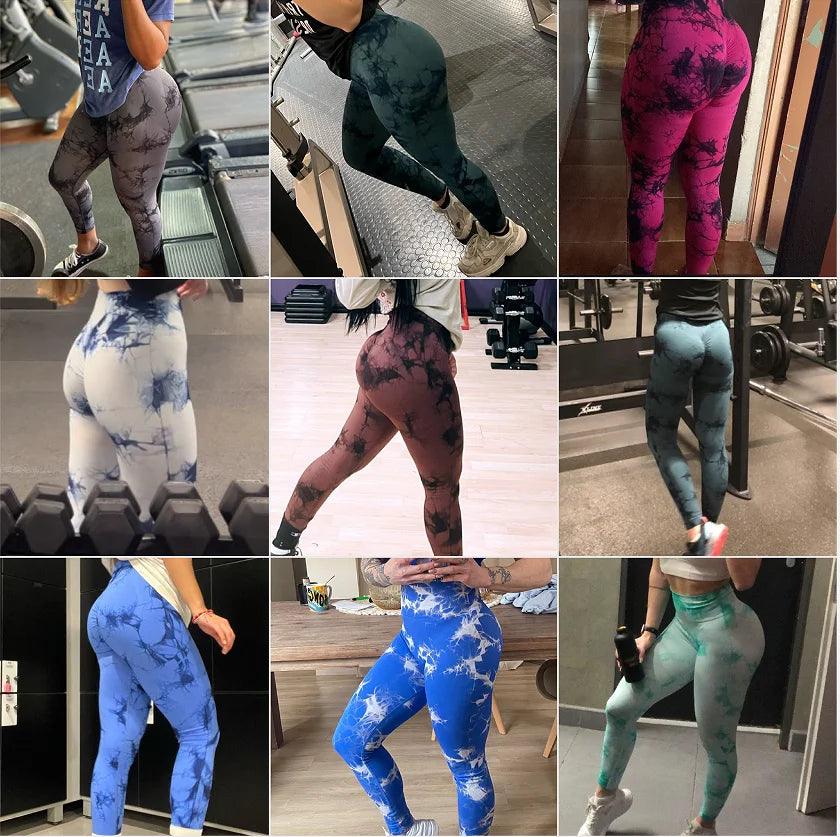 Women Tie Dye Gym Leggings Seamless Yoga Pants Scrunch Sports Fitness Tights