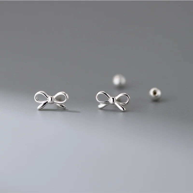 WANTME 925 Sterling Silver Romantic Bow Screw Bead Piercing Stud Earrings for Women Fashion Simple Cute Girls Party Jewelry Gift