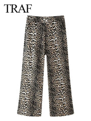 Women Vintage Leopard Wash Denim Pant 2024 Spring Hip Hop Loose