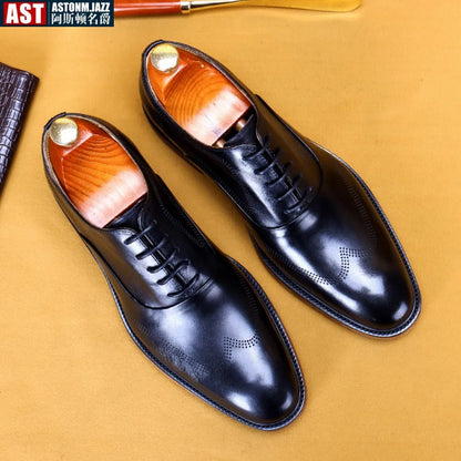 Men Oxford Brogue Genuine Leather Shoes Black Brown Classic Style Round Head Lace Up Formal Shoes Wedding Office Dress Shoes Men