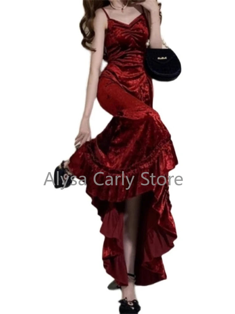 Formal attire Dresses: Velvet Long Dress Women Elegant Slim Spaghetti Strap Folds Dress