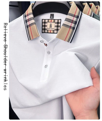 High end silky cotton breathable short sleeve polo shirt men's summer new trend plaid lapel designer brand casual golf T-shirt