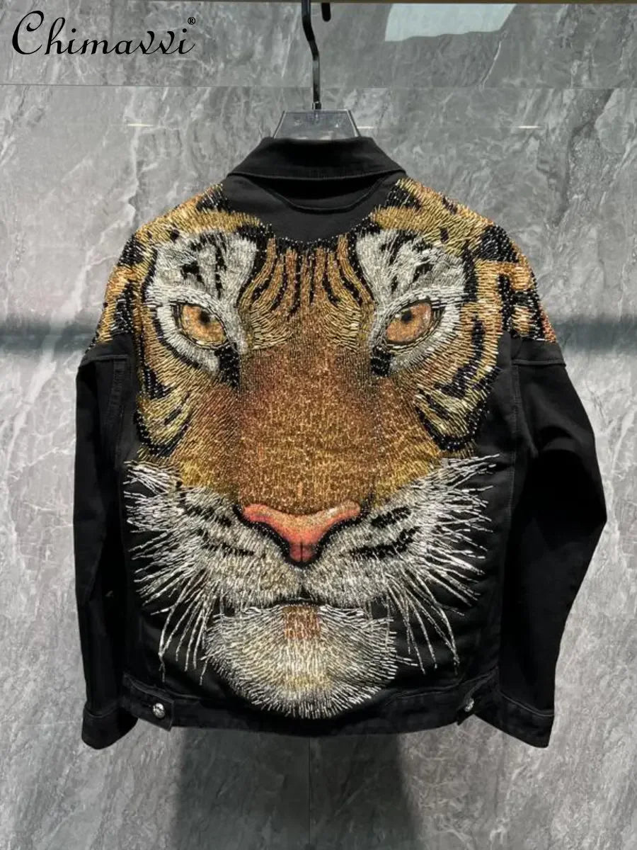 Fashion Tiger Beaded Denim Jacket Men's 2023 Autumn New European Goods  Jean Coats