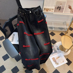 Black and Red Letter Embroidered Jeans Female Y2K Spring and Autumn