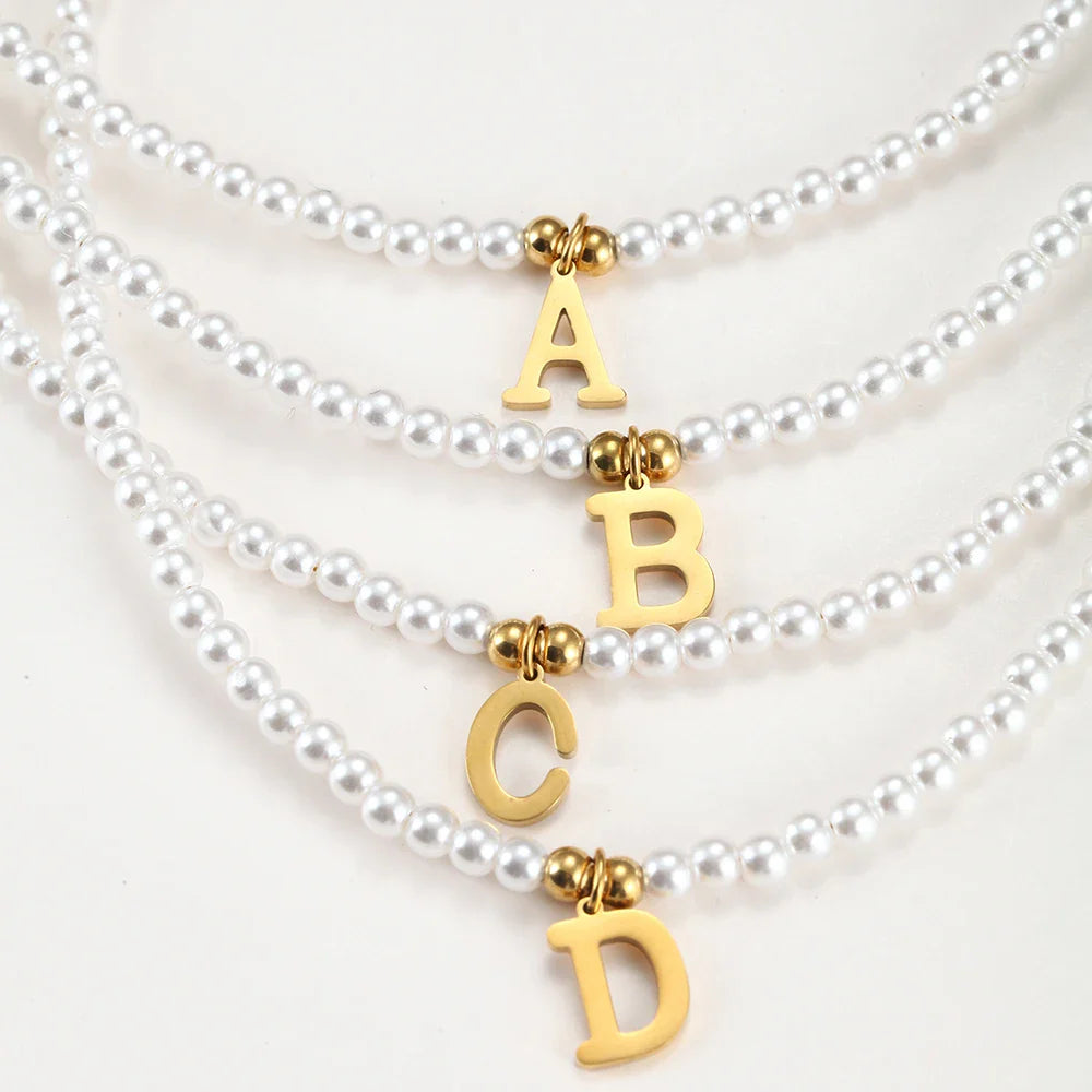 Stainless steel letters initial pendant necklace diy name Simulated pearls Bead Necklaces for Women Pearl Woman's Choker jewelry