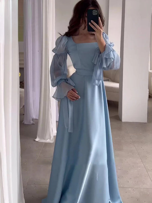Formal attire Dresses: Elegant Satin Dresses Ladies Puff Sleeve Square Neck Long Skirt
