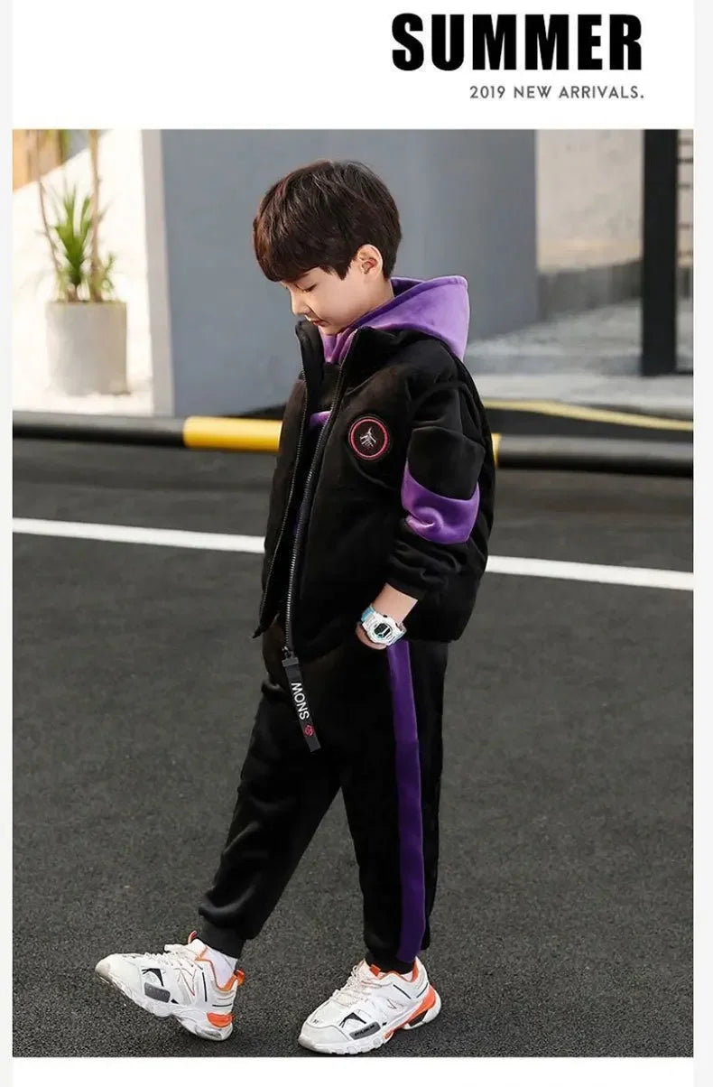 2023 winter Boys tracksuit Autumn Toddler Teenager Clothes vest velvet jacket + Sweatishrt hooded + Pant Children Kids 4 12 year