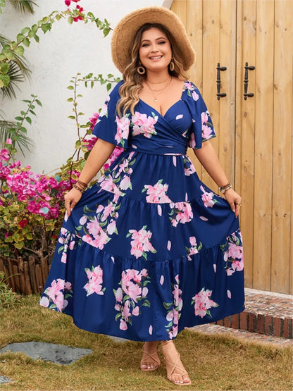 Plus Size Summer Flower Floral Print Long Dress Women V-Neck Backless Fashion Ruffle Pleated Ladies Dresses Loose Woman Dress