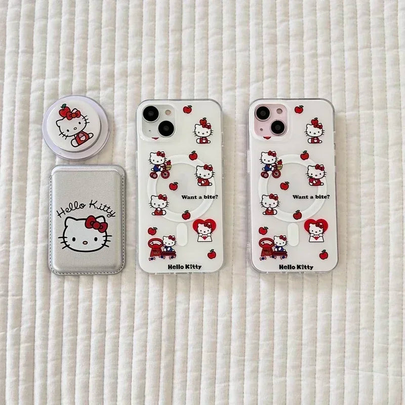 Cute Sanrio Hello Kitty Magnetic Card Wallet Holder Magsafe Wireless Charge Phone Case For iPhone 17 16 15 14 13 Pro Max Cover