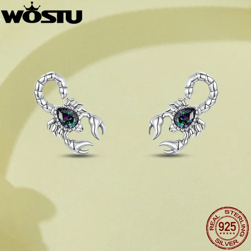 WOSTU 925 Sterling Silver Animals Cute Paws Rainbow Stud Earrings For Women Heart Oval Flower Zircon Crab Ear Studs Jewelry Gift