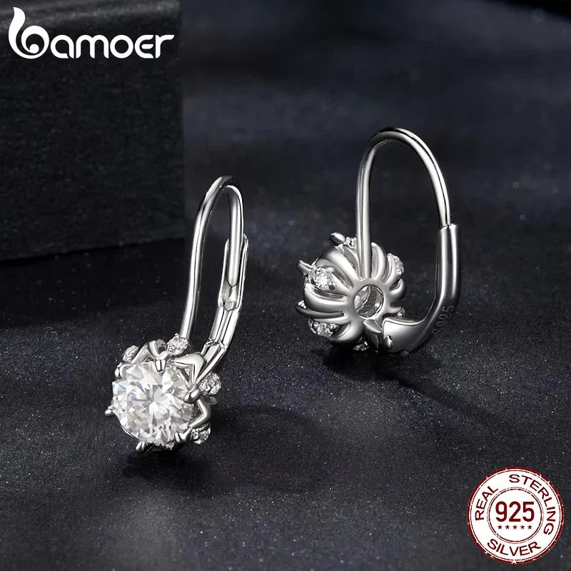 BAMOER Platinum Plated Moissanite Flower Earrings for Women, Round Cut Lab Diamond 925 Sterling Silver Hypoallergenic Earrings