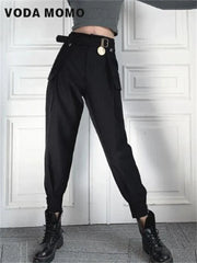 Women's Korean Style Cargo Pants Jogger Elastic Waist High Harajuku Straight Pants