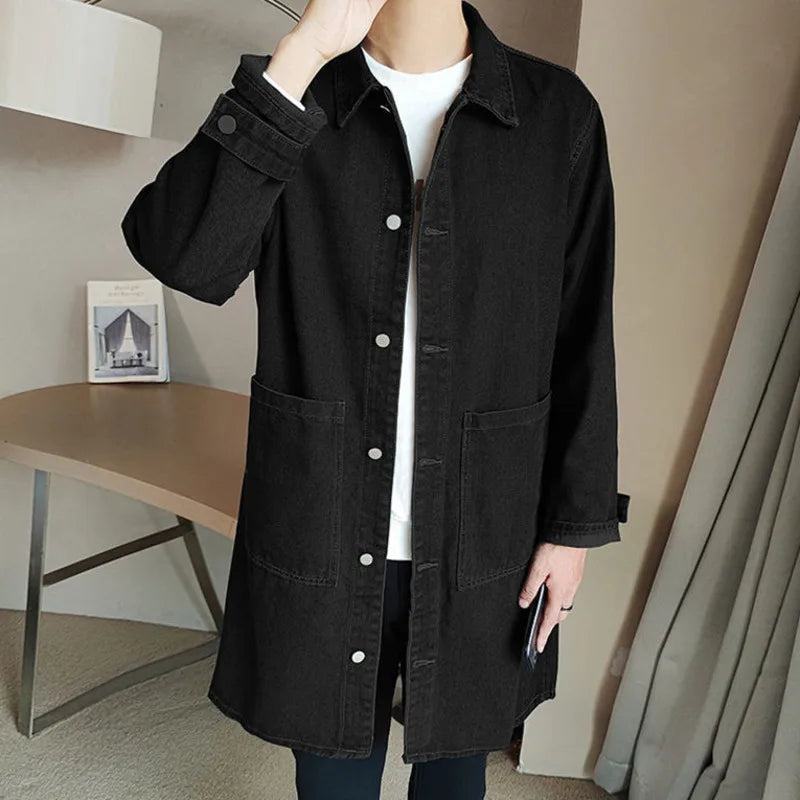 Mid-length Denim Windbreaker Jacket Men Spring Autumn Casual Trench Coat