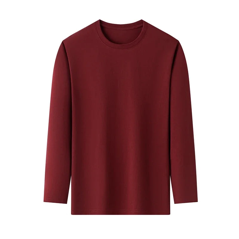 Men's Solid Color round Neck Long Sleeve T-Shirt Cotton Summer Comfortable Breathable Casual Top in Various Colors